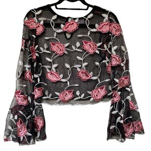 Women Black Mesh Flower Rose Embroidered Long Sleeve Top Bell Sleeve Scallop Hem